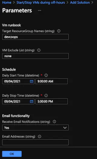 azure automation account start/stop vm solution parameters