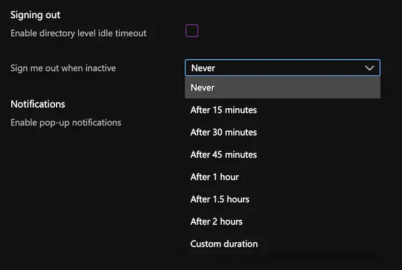 azure portal settings sign out dropdown