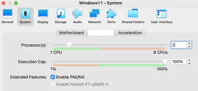 windows 11 vbox system processor